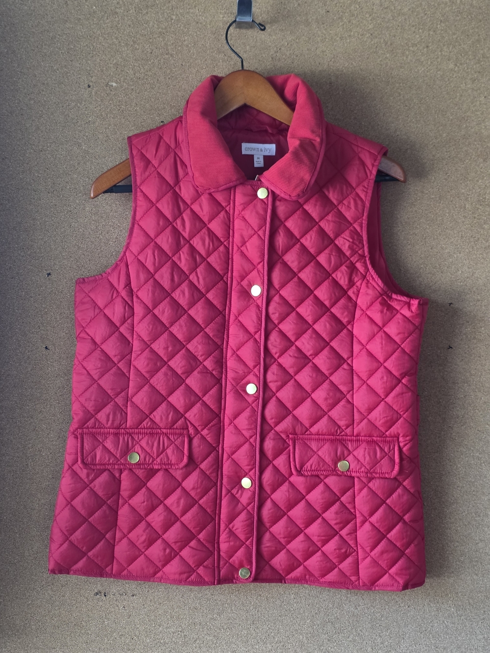 Crown & Ivy Hot Pink Red  Quilted Vest Corduroy Trim Gold Snaps M Zip Front